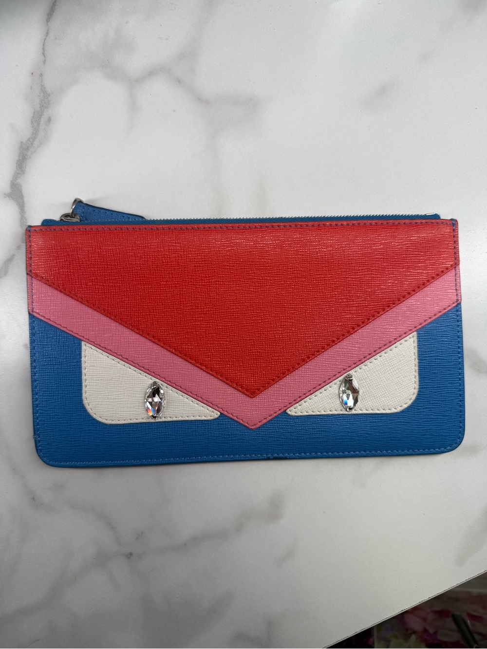 Fendi Colorblock Zip Wristlet in Blue, Red & Pink with Crystal Accents